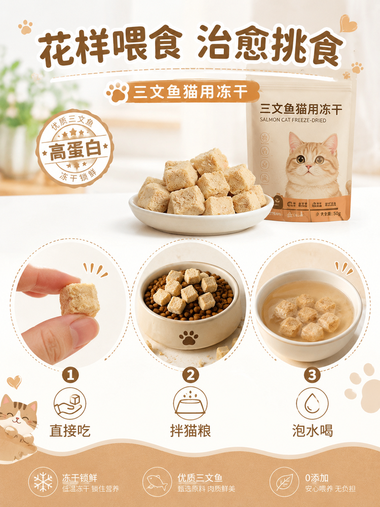 猫用冻干详情页AI生成实战:提示词拆解与味来图AI实操指南:本文以猫用三文鱼冻干为例,深度拆解电商详情页的AI生成逻辑。从主图到场景图,提供9张参考图对应的提示词思路,帮助食品卖家利用味来图AI快速低成本出图,提升点击率与转化。